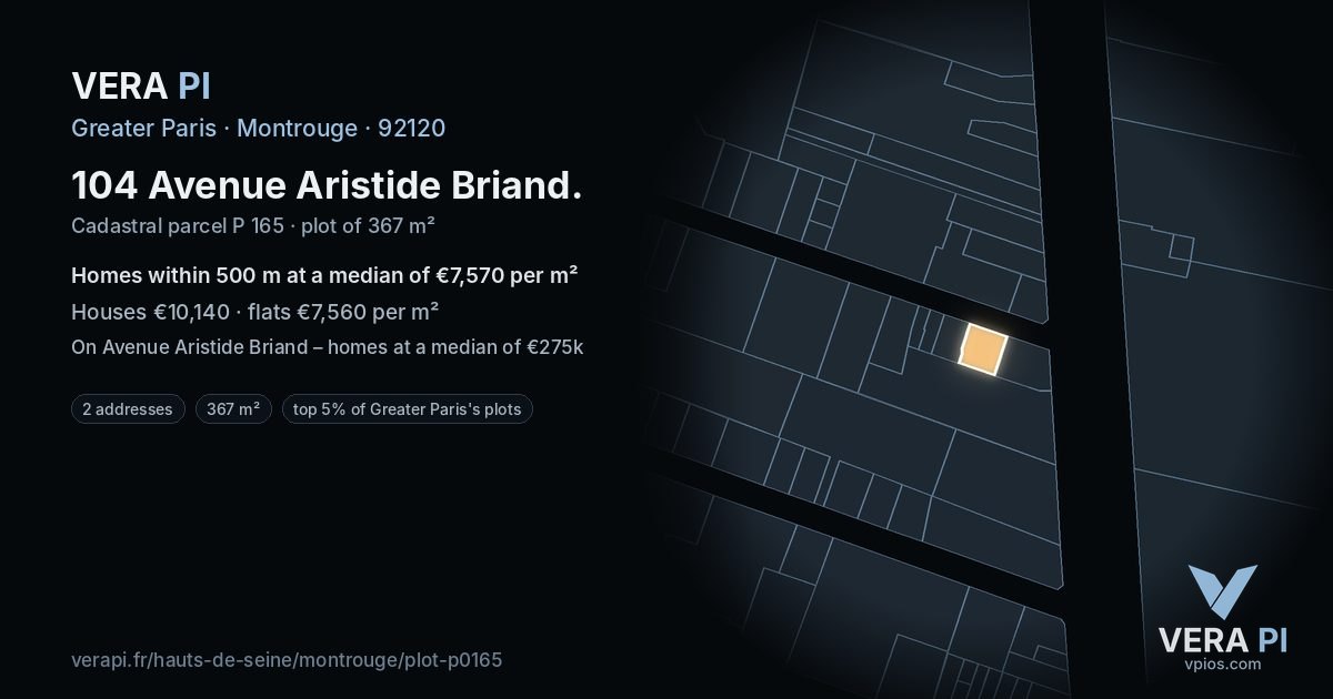 104 Avenue Aristide Briand, Montrouge at night – the plot lit, the parcels around coloured by the prices near them