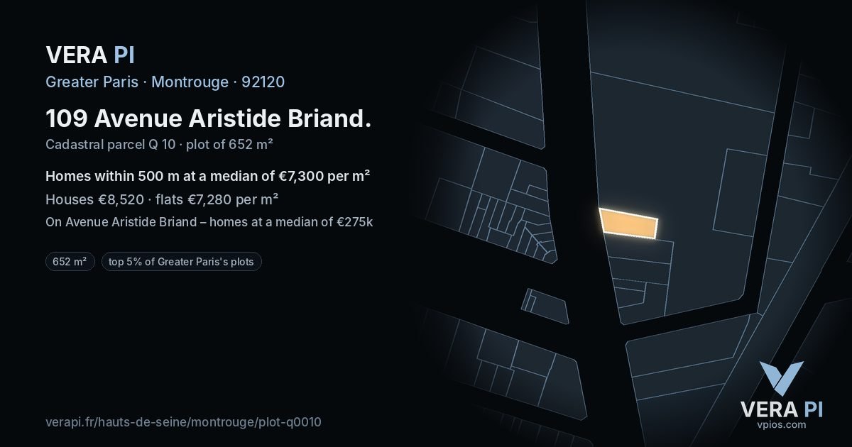 109 Avenue Aristide Briand, Montrouge at night – the plot lit, the parcels around coloured by the prices near them