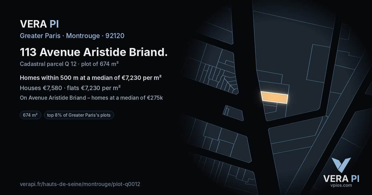 113 Avenue Aristide Briand, Montrouge at night – the plot lit, the parcels around coloured by the prices near them