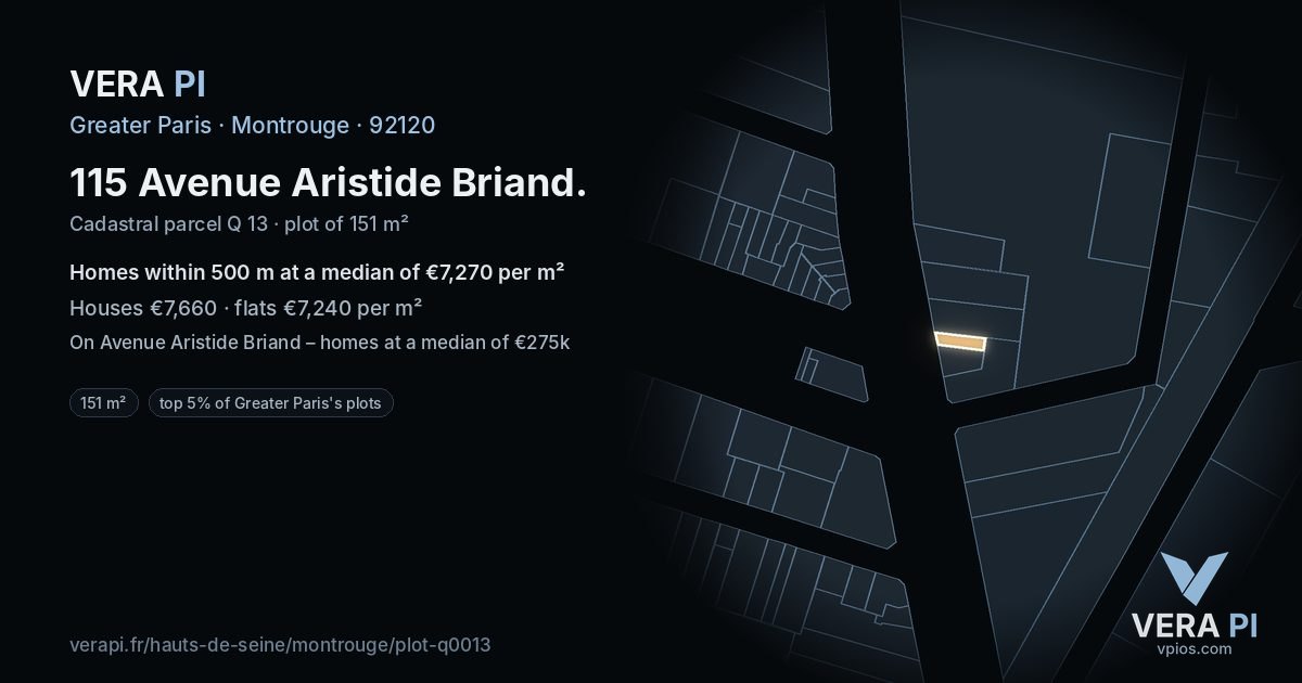 115 Avenue Aristide Briand, Montrouge at night – the plot lit, the parcels around coloured by the prices near them