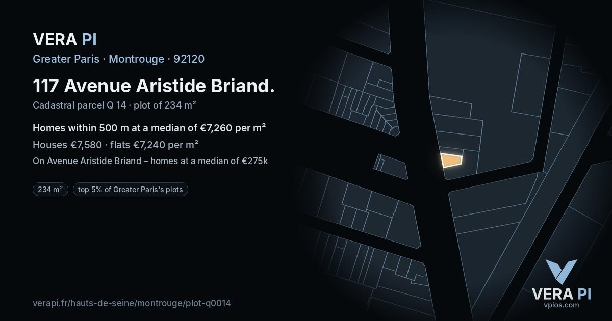 117 Avenue Aristide Briand, Montrouge at night – the plot lit, the parcels around coloured by the prices near them