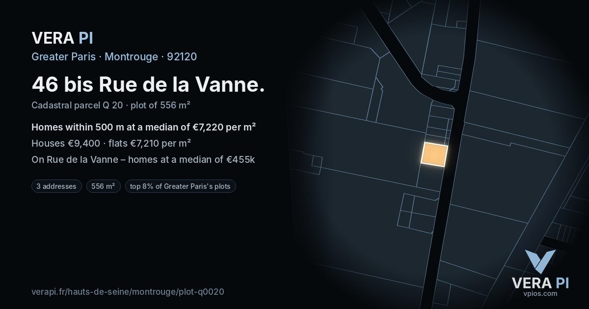 46 bis Rue de la Vanne, Montrouge at night – the plot lit, the parcels around coloured by the prices near them