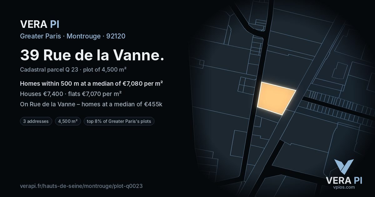 39 Rue de la Vanne, Montrouge at night – the plot lit, the parcels around coloured by the prices near them