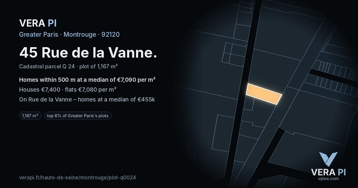 45 Rue de la Vanne, Montrouge at night – the plot lit, the parcels around coloured by the prices near them