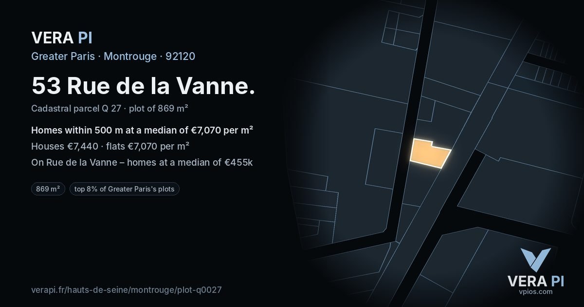 53 Rue de la Vanne, Montrouge at night – the plot lit, the parcels around coloured by the prices near them