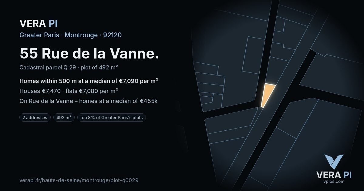55 Rue de la Vanne, Montrouge at night – the plot lit, the parcels around coloured by the prices near them