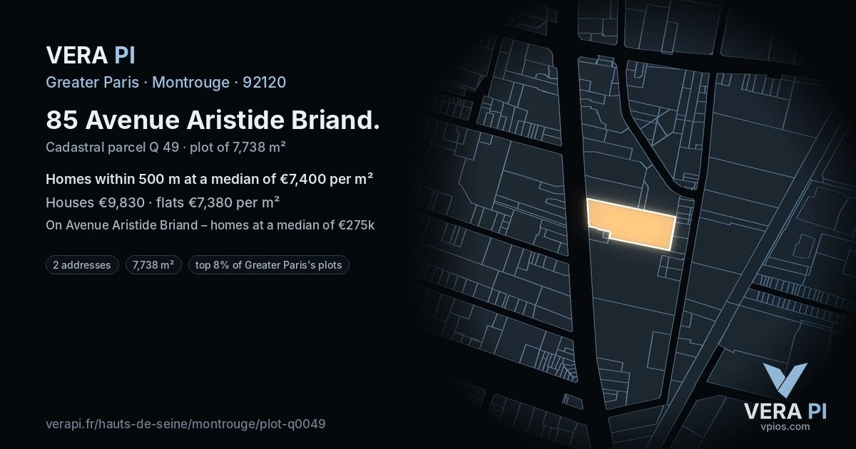 85 Avenue Aristide Briand, Montrouge at night – the plot lit, the parcels around coloured by the prices near them