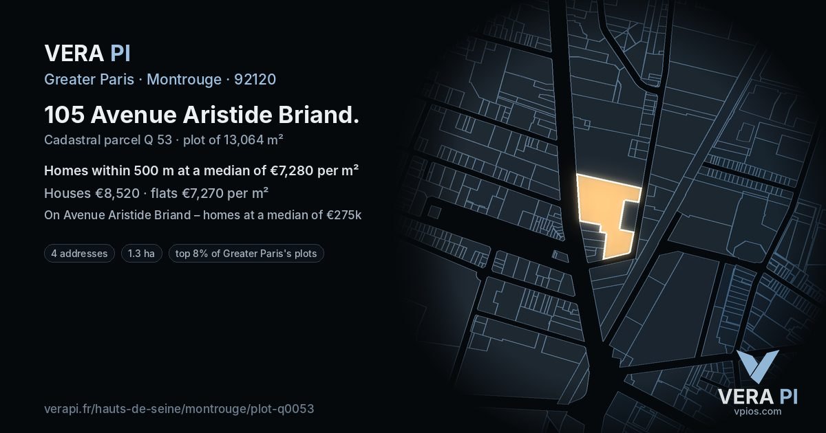 105 Avenue Aristide Briand, Montrouge at night – the plot lit, the parcels around coloured by the prices near them