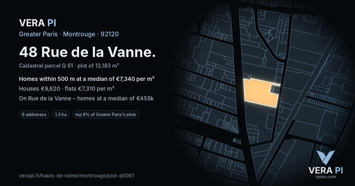 48 Rue de la Vanne, Montrouge at night – the plot lit, the parcels around coloured by the prices near them