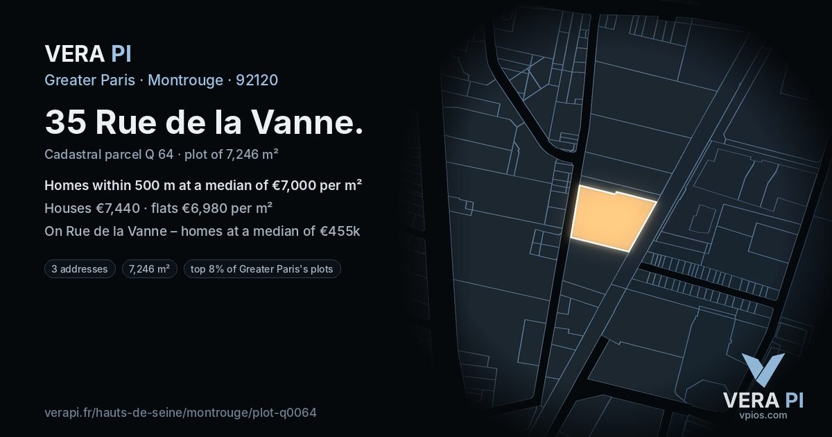 35 Rue de la Vanne, Montrouge at night – the plot lit, the parcels around coloured by the prices near them