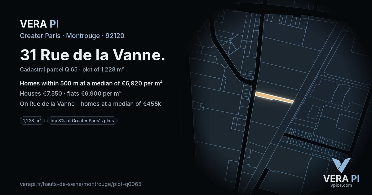 31 Rue de la Vanne, Montrouge at night – the plot lit, the parcels around coloured by the prices near them