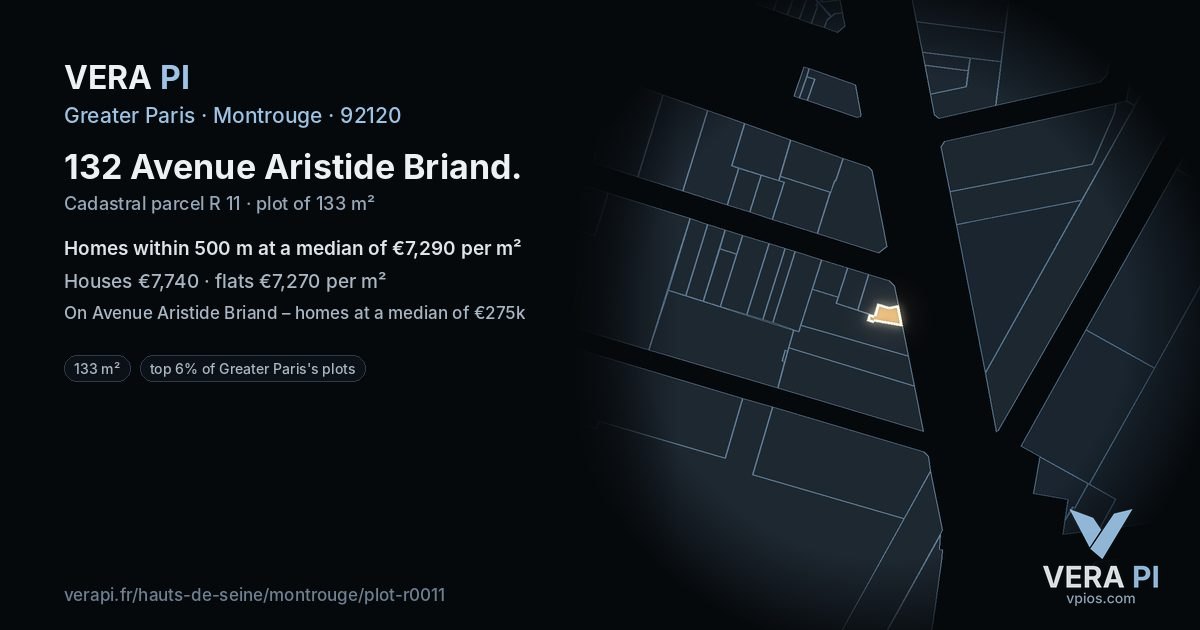 132 Avenue Aristide Briand, Montrouge at night – the plot lit, the parcels around coloured by the prices near them