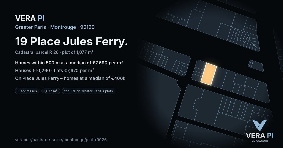 19 Place Jules Ferry, Montrouge at night – the plot lit, the parcels around coloured by the prices near them