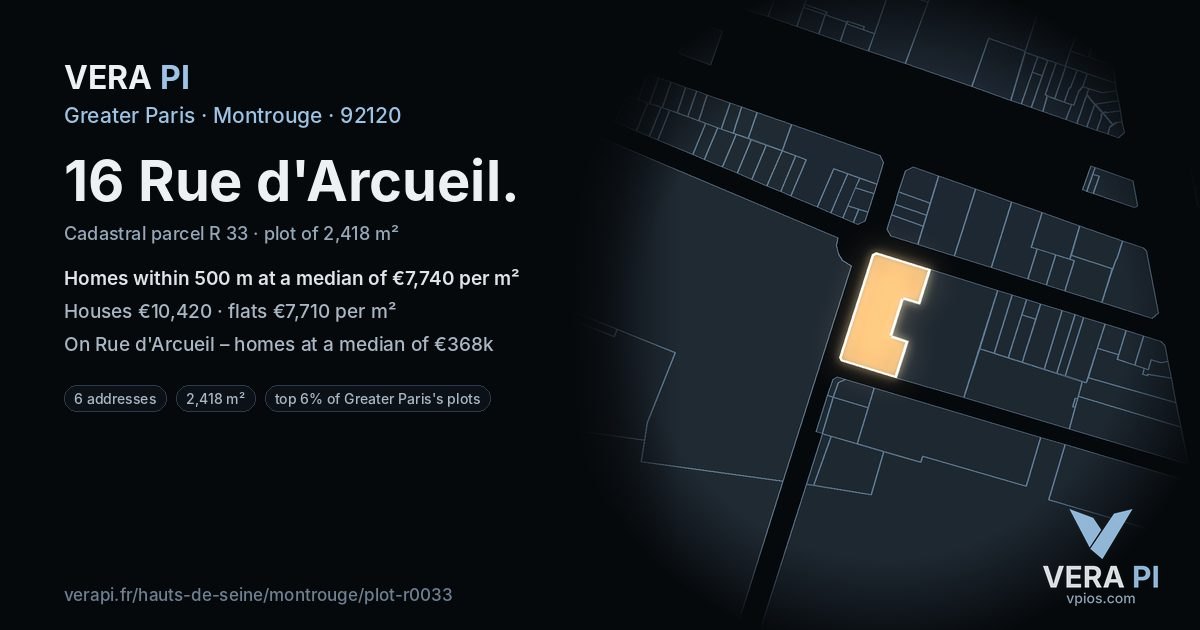 16 Rue d'Arcueil, Montrouge at night – the plot lit, the parcels around coloured by the prices near them