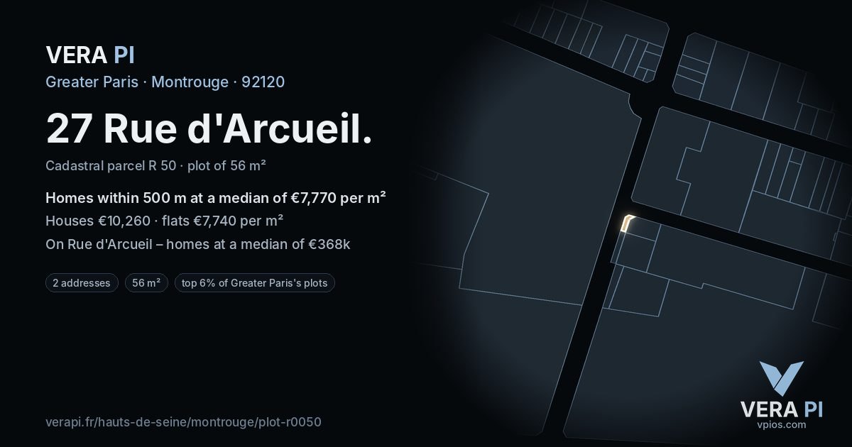27 Rue d'Arcueil, Montrouge at night – the plot lit, the parcels around coloured by the prices near them
