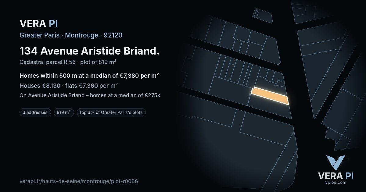 134 Avenue Aristide Briand, Montrouge at night – the plot lit, the parcels around coloured by the prices near them