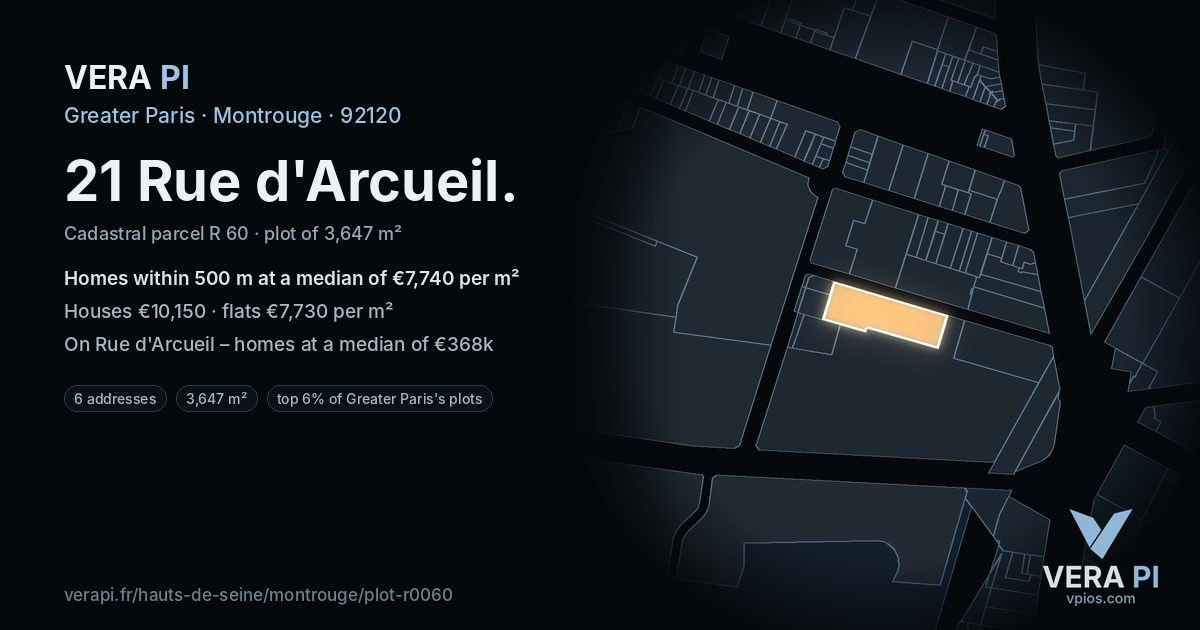 21 Rue d'Arcueil, Montrouge at night – the plot lit, the parcels around coloured by the prices near them