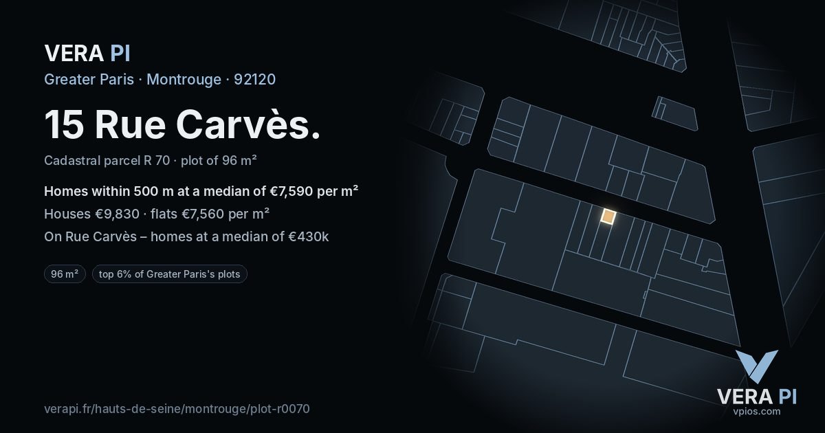 15 Rue Carvès, Montrouge at night – the plot lit, the parcels around coloured by the prices near them