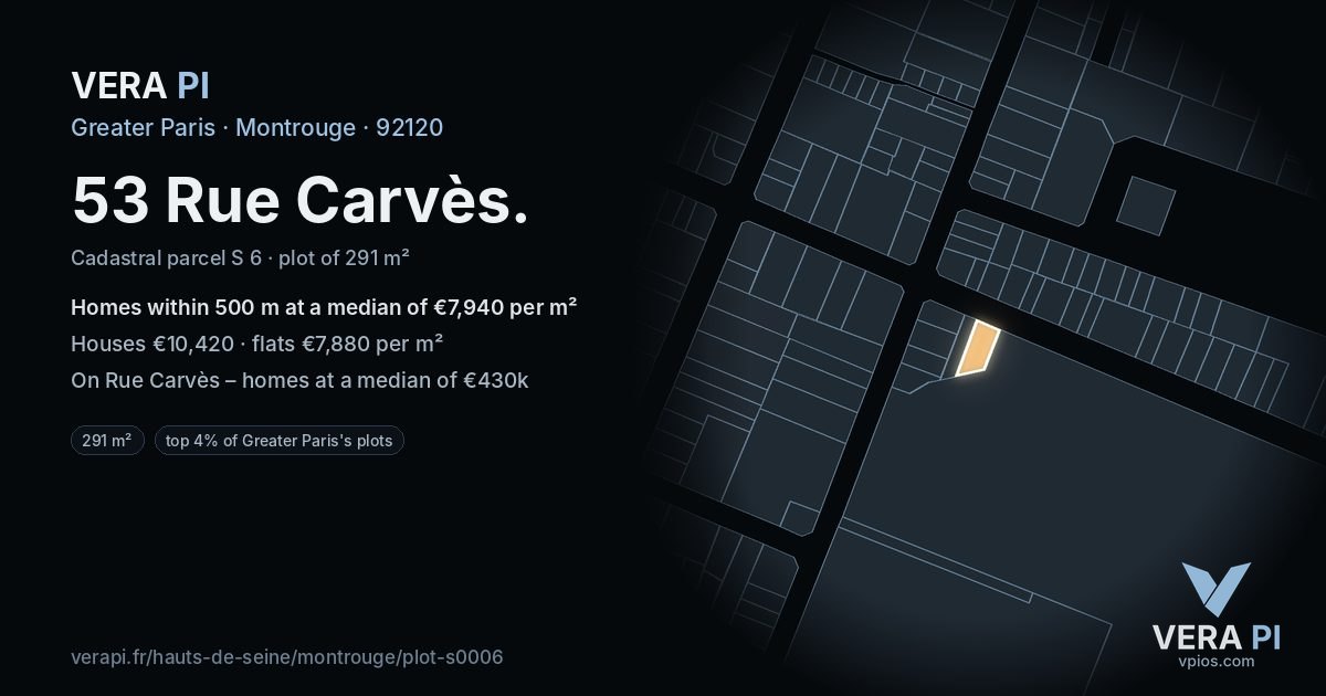 53 Rue Carvès, Montrouge at night – the plot lit, the parcels around coloured by the prices near them