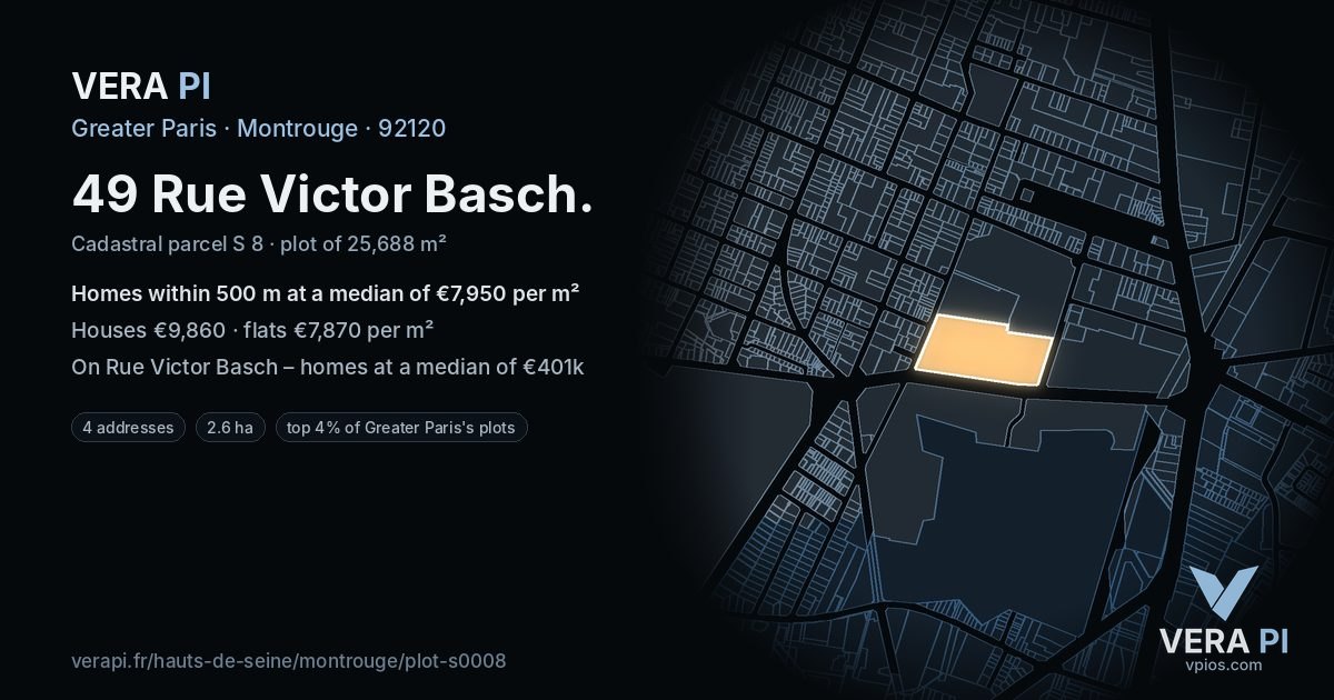 49 Rue Victor Basch, Montrouge at night – the plot lit, the parcels around coloured by the prices near them