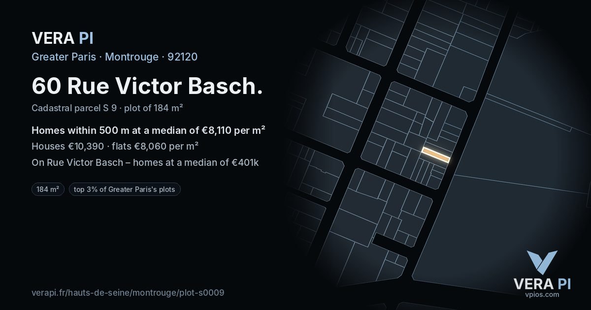 60 Rue Victor Basch, Montrouge at night – the plot lit, the parcels around coloured by the prices near them