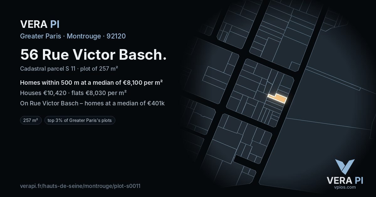 56 Rue Victor Basch, Montrouge at night – the plot lit, the parcels around coloured by the prices near them