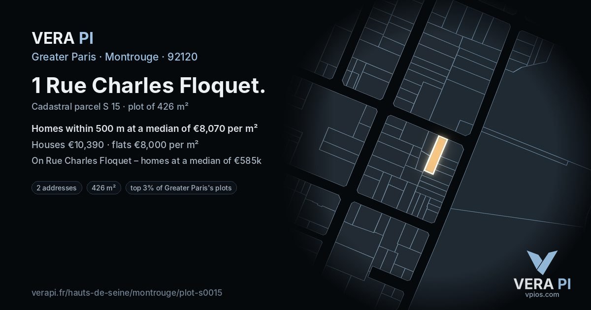 1 Rue Charles Floquet, Montrouge at night – the plot lit, the parcels around coloured by the prices near them