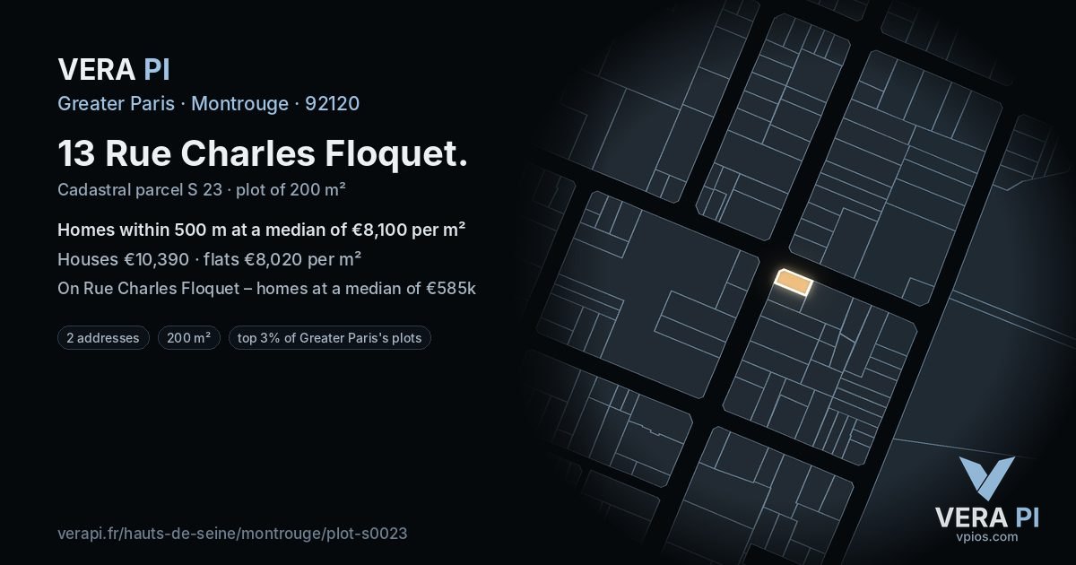 13 Rue Charles Floquet, Montrouge at night – the plot lit, the parcels around coloured by the prices near them