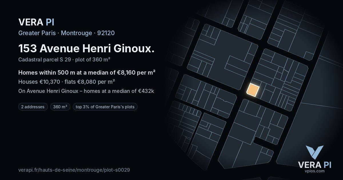 153 Avenue Henri Ginoux, Montrouge at night – the plot lit, the parcels around coloured by the prices near them