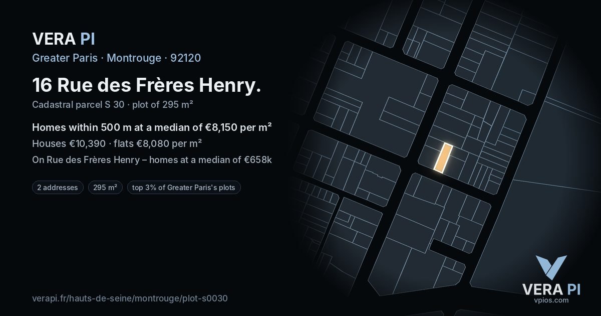 16 Rue des Frères Henry, Montrouge at night – the plot lit, the parcels around coloured by the prices near them