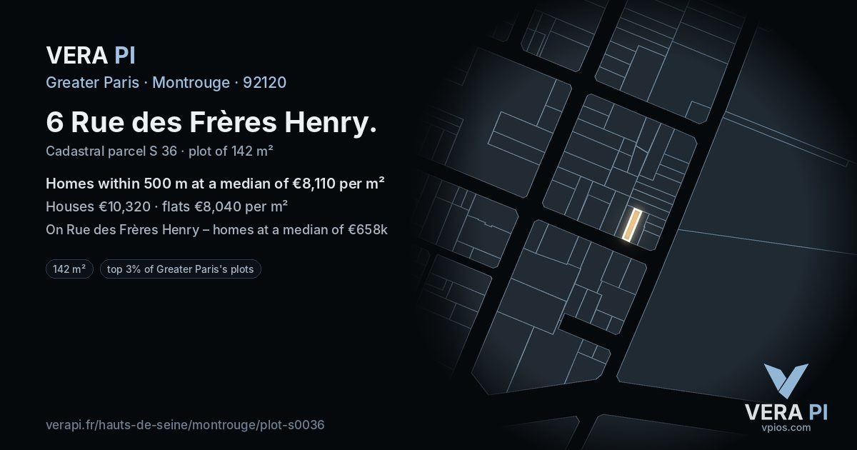 6 Rue des Frères Henry, Montrouge at night – the plot lit, the parcels around coloured by the prices near them