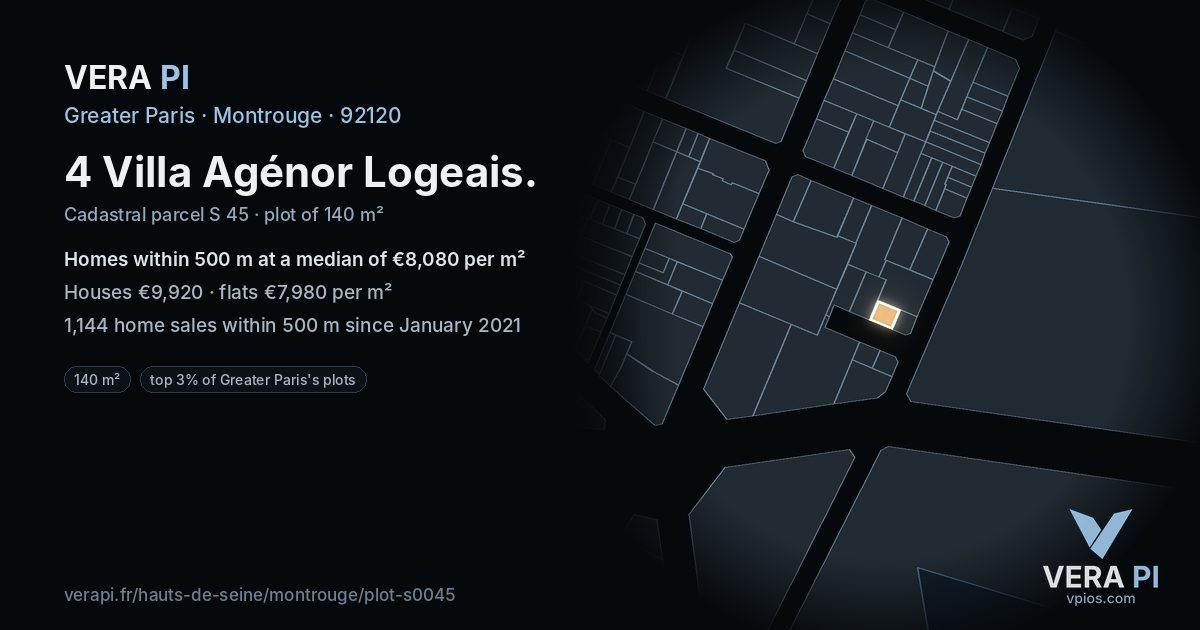 4 Villa Agénor Logeais, Montrouge at night – the plot lit, the parcels around coloured by the prices near them