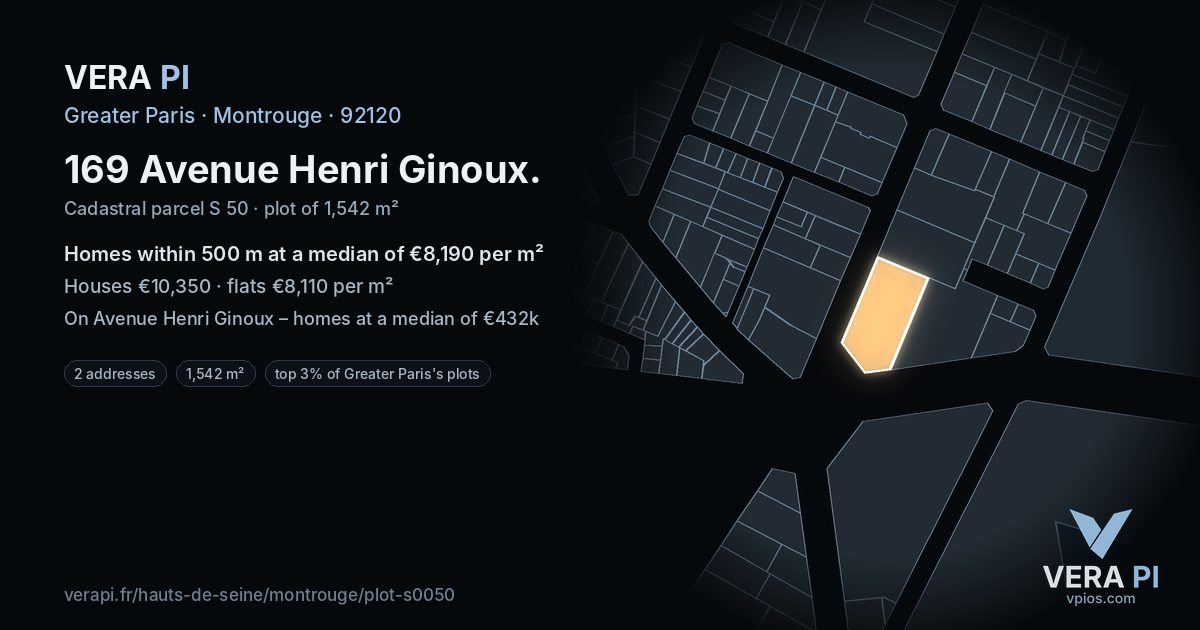 169 Avenue Henri Ginoux, Montrouge at night – the plot lit, the parcels around coloured by the prices near them