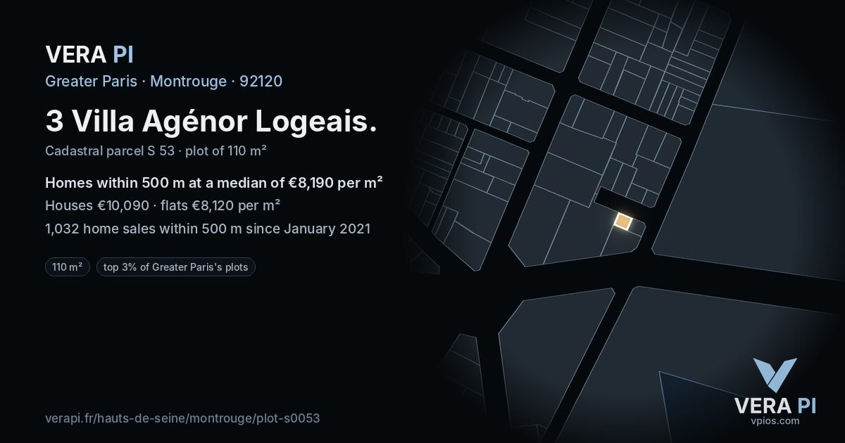 3 Villa Agénor Logeais, Montrouge at night – the plot lit, the parcels around coloured by the prices near them