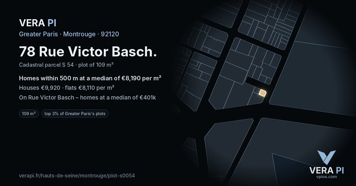 78 Rue Victor Basch, Montrouge at night – the plot lit, the parcels around coloured by the prices near them