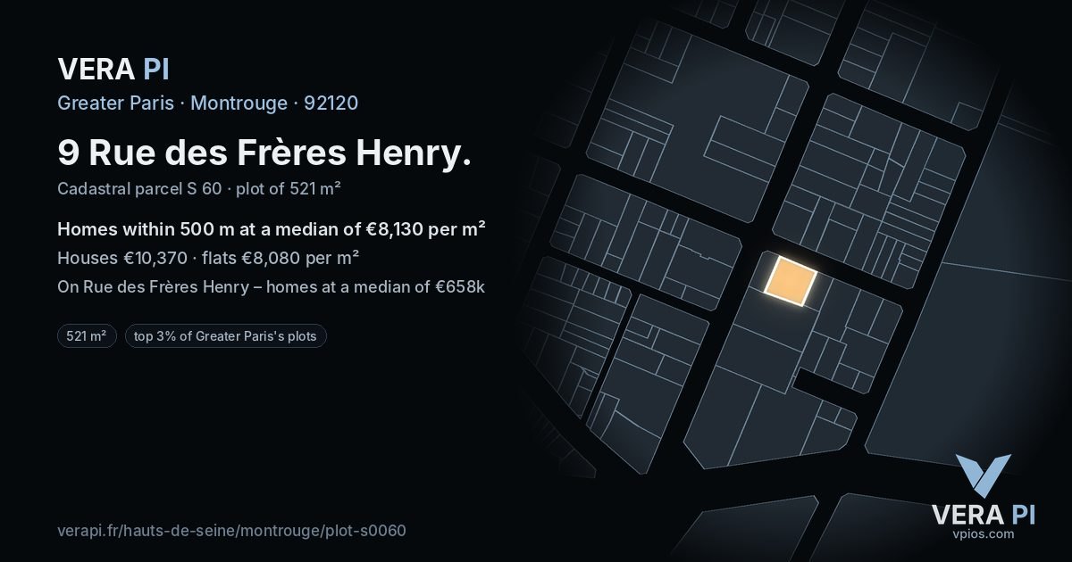 9 Rue des Frères Henry, Montrouge at night – the plot lit, the parcels around coloured by the prices near them