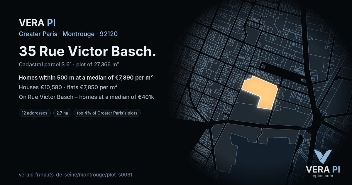 35 Rue Victor Basch, Montrouge at night – the plot lit, the parcels around coloured by the prices near them