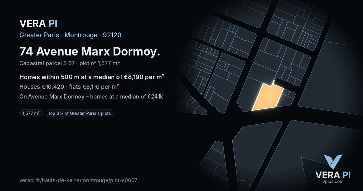 74 Avenue Marx Dormoy, Montrouge at night – the plot lit, the parcels around coloured by the prices near them