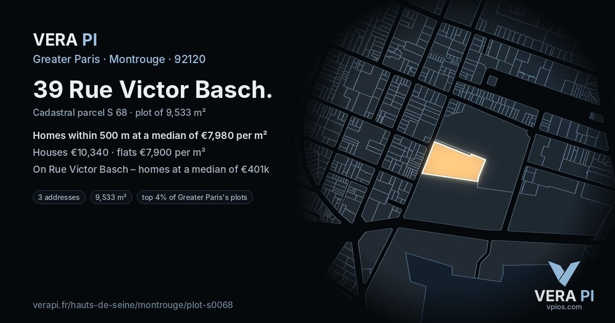 39 Rue Victor Basch, Montrouge at night – the plot lit, the parcels around coloured by the prices near them
