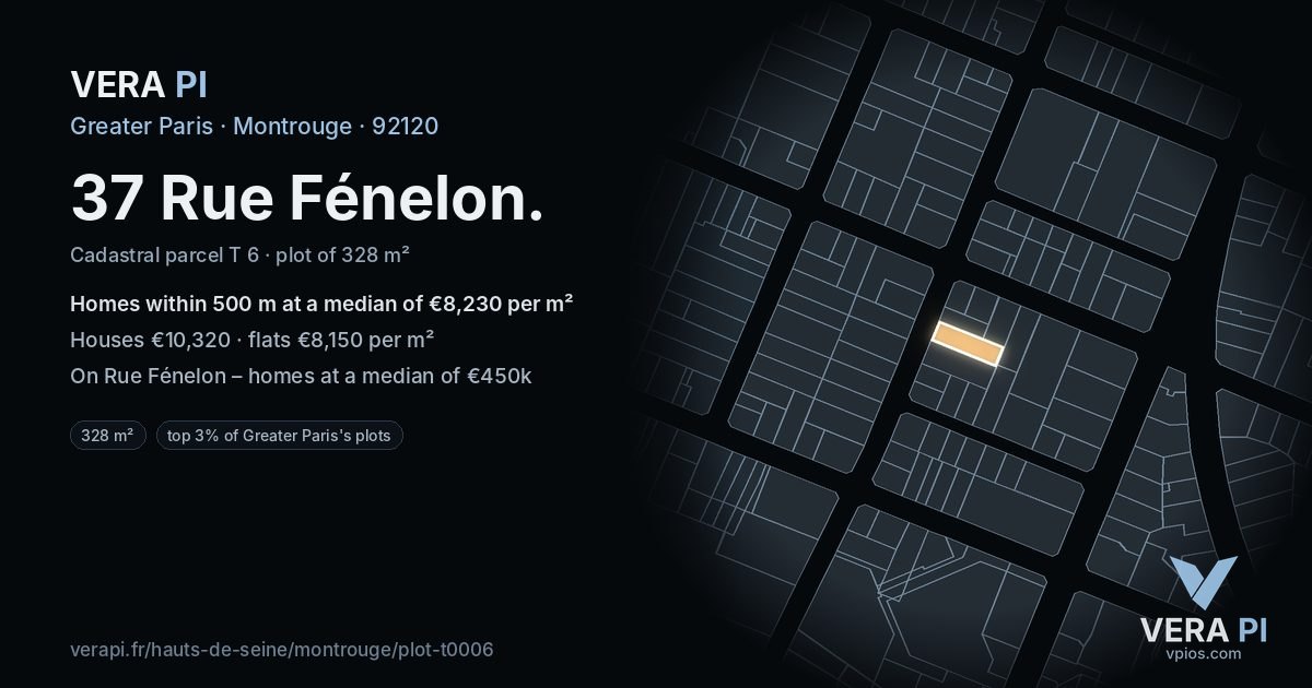 37 Rue Fénelon, Montrouge at night – the plot lit, the parcels around coloured by the prices near them