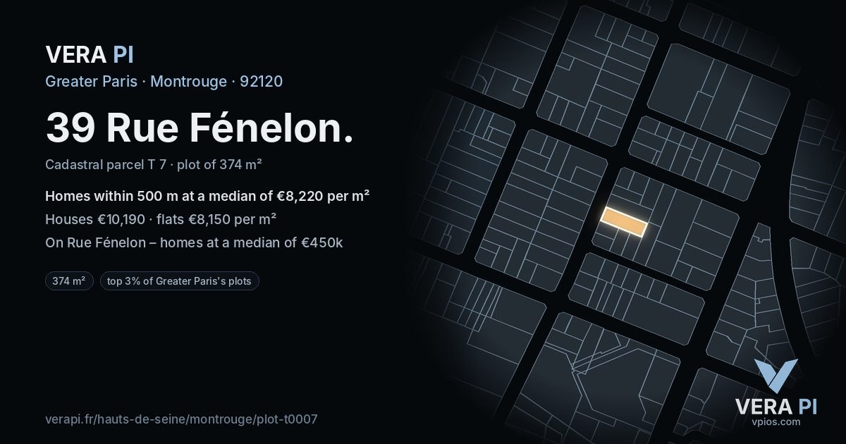 39 Rue Fénelon, Montrouge at night – the plot lit, the parcels around coloured by the prices near them