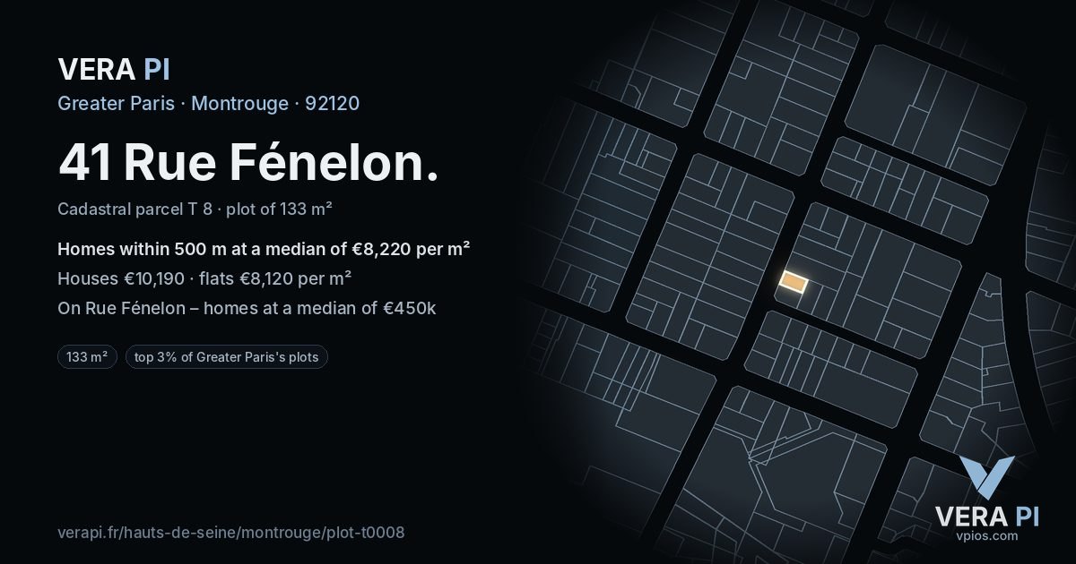 41 Rue Fénelon, Montrouge at night – the plot lit, the parcels around coloured by the prices near them