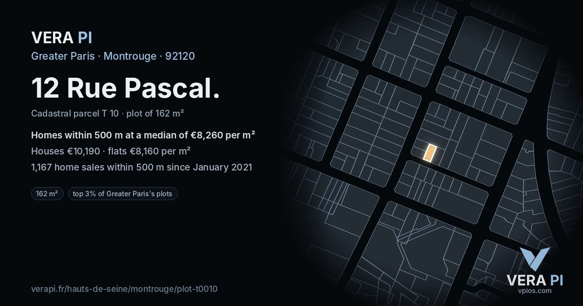 12 Rue Pascal, Montrouge at night – the plot lit, the parcels around coloured by the prices near them