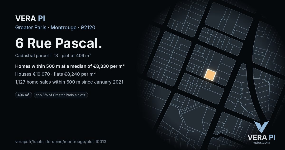 6 Rue Pascal, Montrouge at night – the plot lit, the parcels around coloured by the prices near them