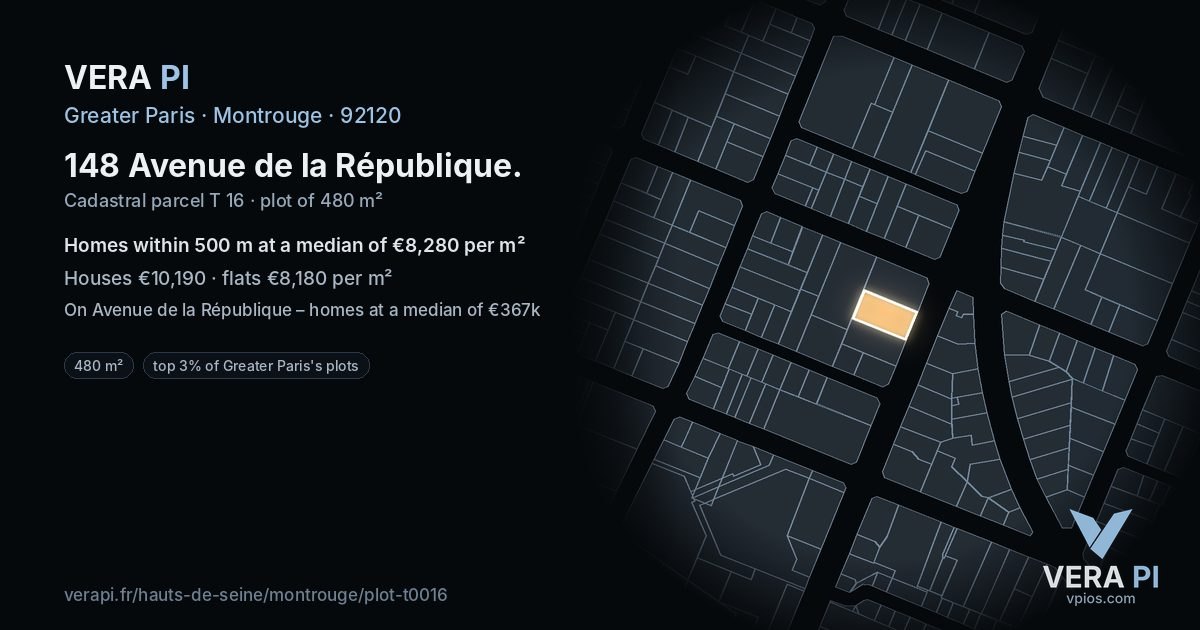 148 Avenue de la République, Montrouge at night – the plot lit, the parcels around coloured by the prices near them
