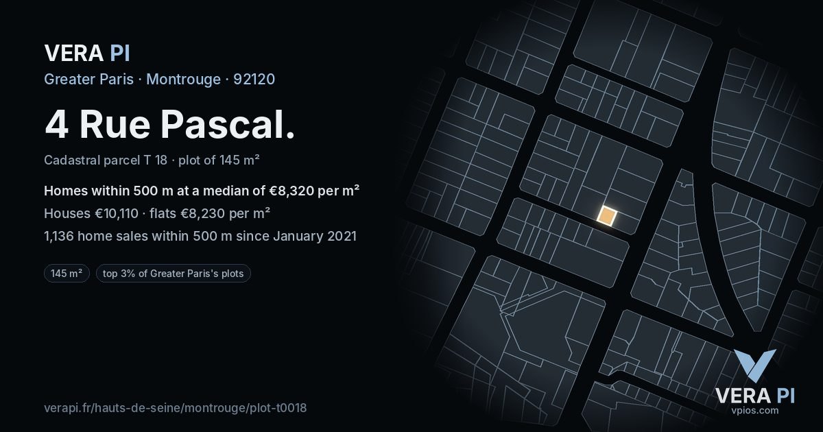 4 Rue Pascal, Montrouge at night – the plot lit, the parcels around coloured by the prices near them