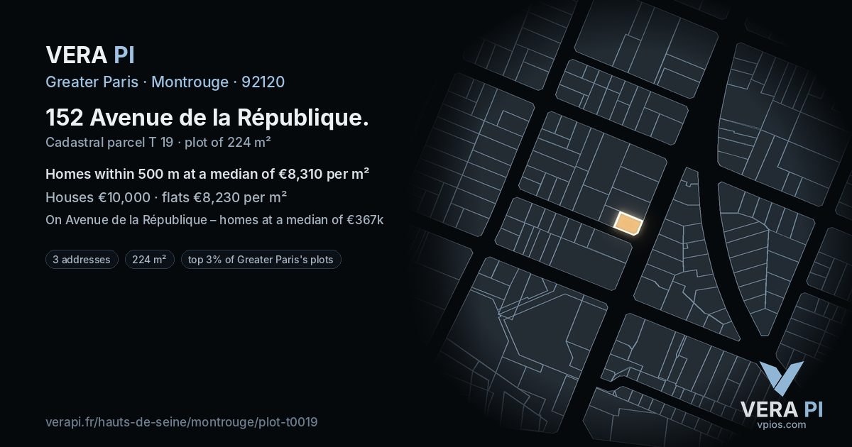 152 Avenue de la République, Montrouge at night – the plot lit, the parcels around coloured by the prices near them