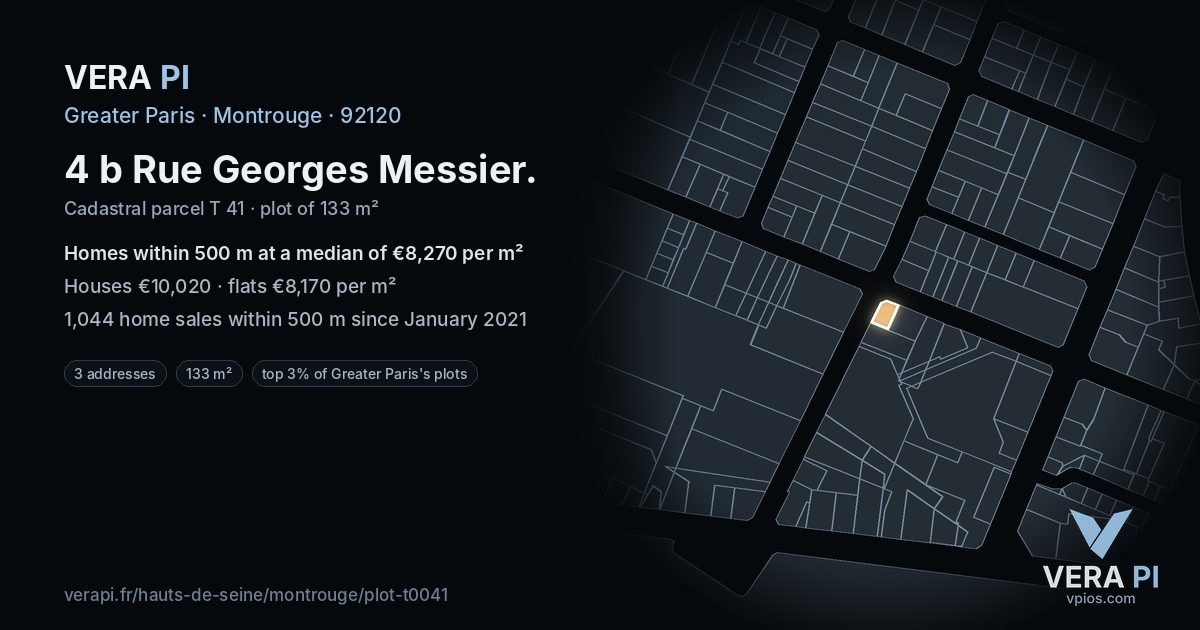 4 b Rue Georges Messier, Montrouge at night – the plot lit, the parcels around coloured by the prices near them