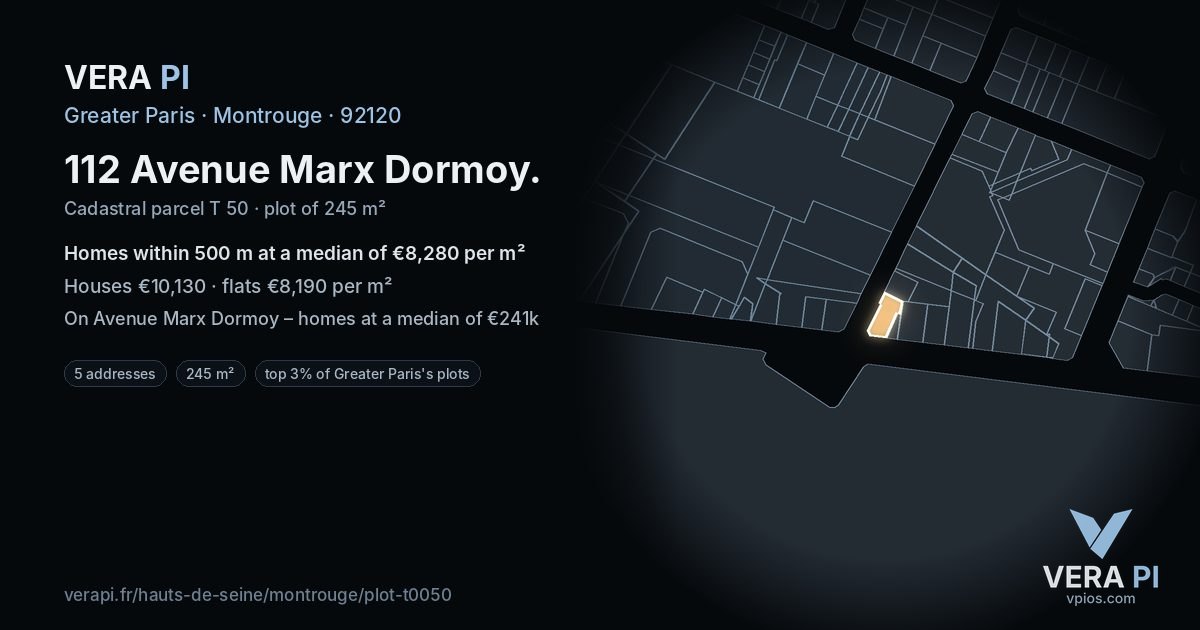 112 Avenue Marx Dormoy, Montrouge at night – the plot lit, the parcels around coloured by the prices near them