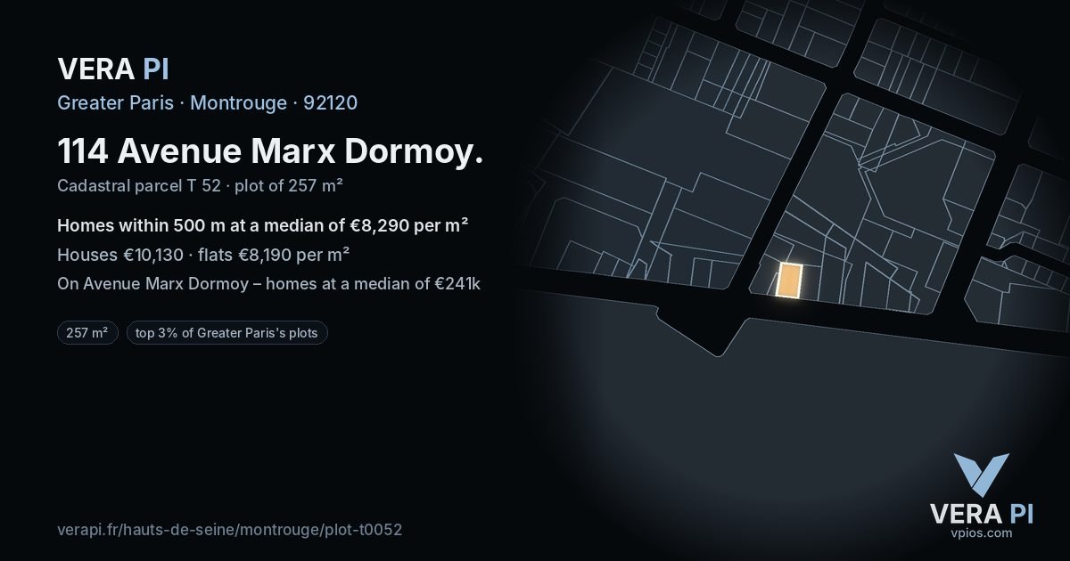 114 Avenue Marx Dormoy, Montrouge at night – the plot lit, the parcels around coloured by the prices near them